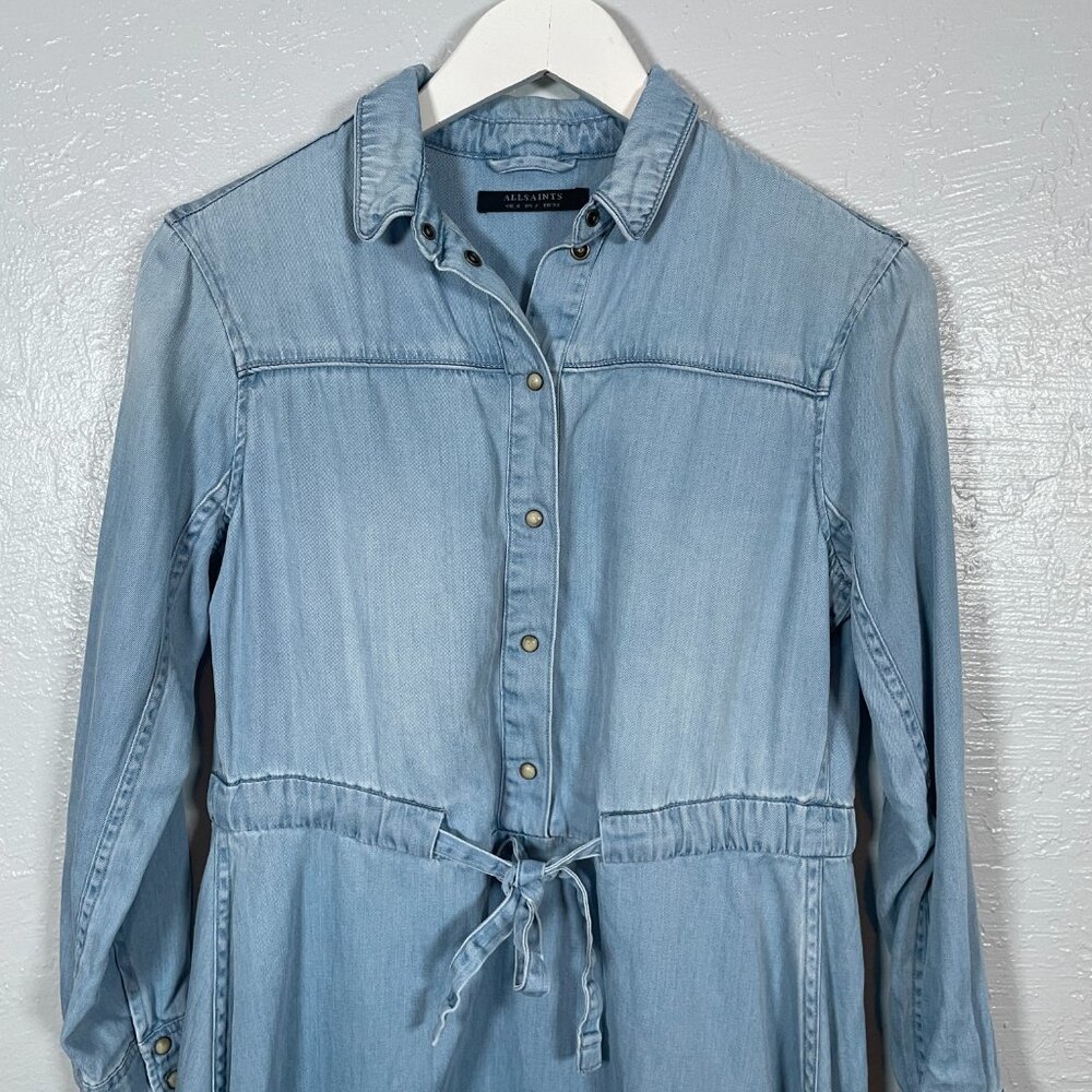 All Saints Women 2 Blue Denim Chambray Calla Bay Shirt Dress Snaps Tie Waist - Picture 3 of 8